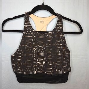 G224. Alo Yoga Illuminate Laser Cut Longline Bra in Black/Nude - Size L